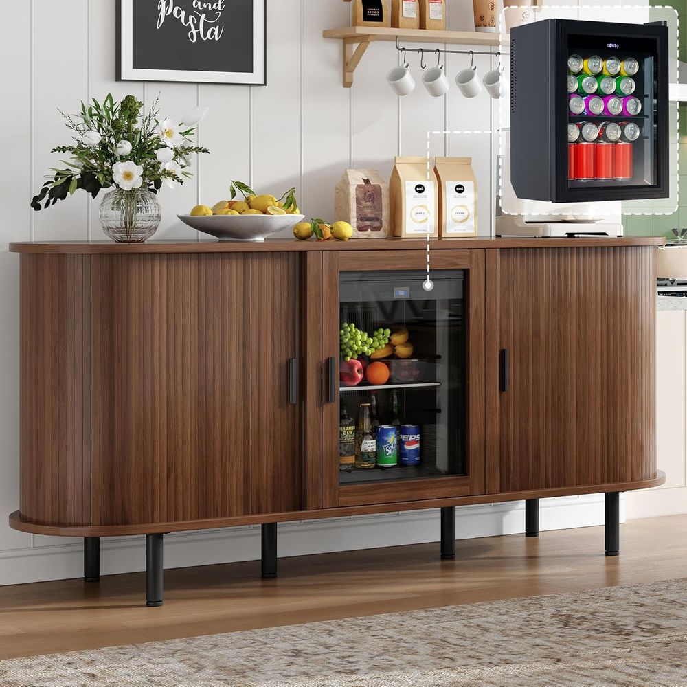 Home Bar And Cabinet - 70 Walnut Beverage Cabinet with Storage,